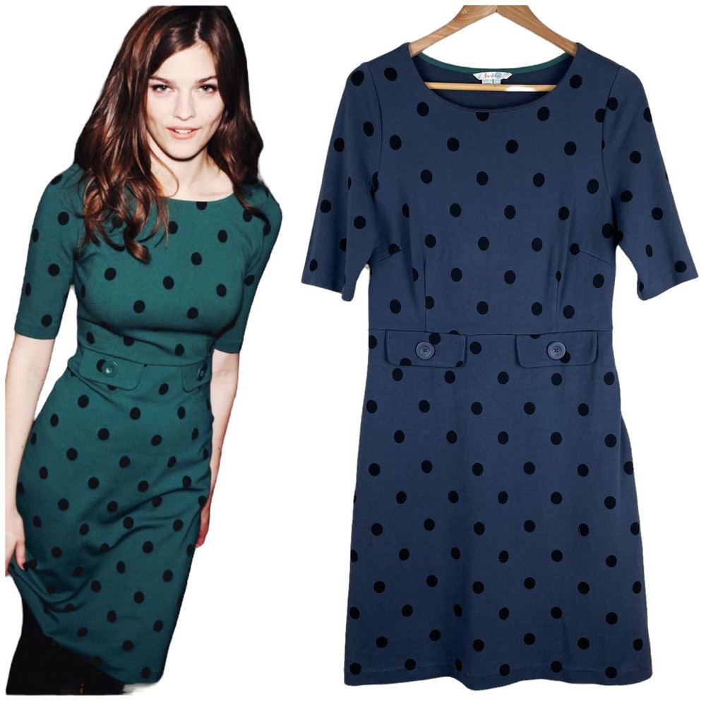Boden Winter Audrey Polka Dot Ponte Shift Dress Size 10R Retro Navy Blue Black